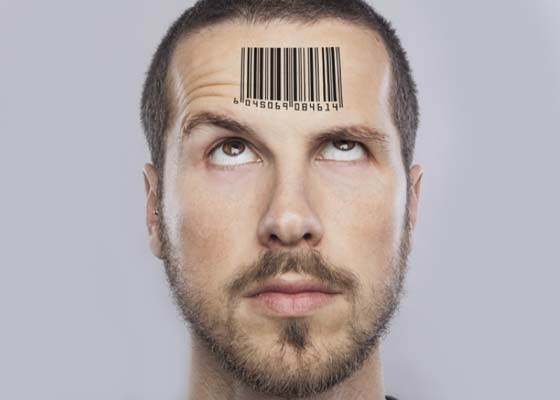 barcode on a guy's forehead